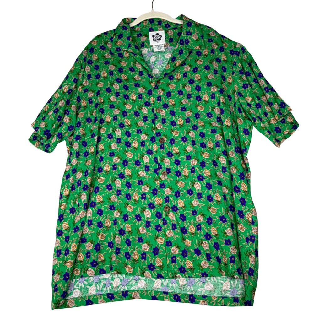 Hilo Hattie Mens XL Green Pineapple Floral Rayon Hawaiian Camp Shirt Made in USA